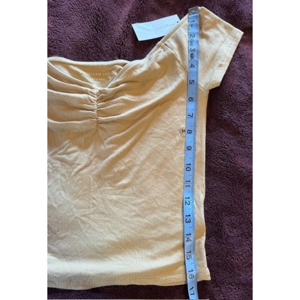 Y2K American Eagle Yellow Ruched Shirt MED Capsule Ribbed Crop Bella‎ Swan Elena - Picture 9 of 9